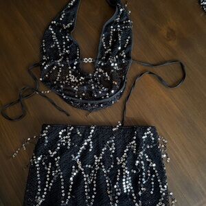 Sequin Embellished Black Skirt Set